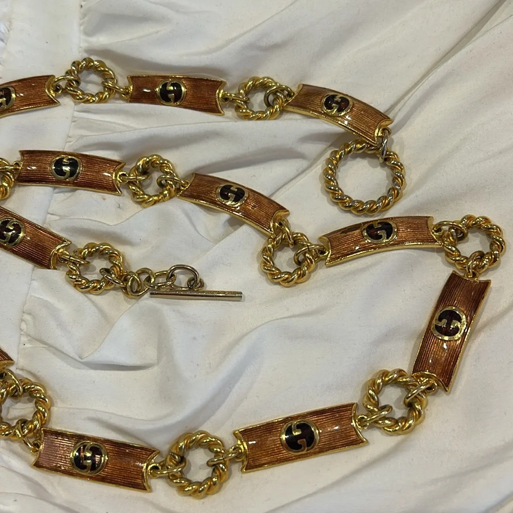 VINTAGE β70s GUCCI ITALY BROWN ENAMEL LOGO RUNWAY TOGGLE BELT/Necklace - Picture 9 of 13